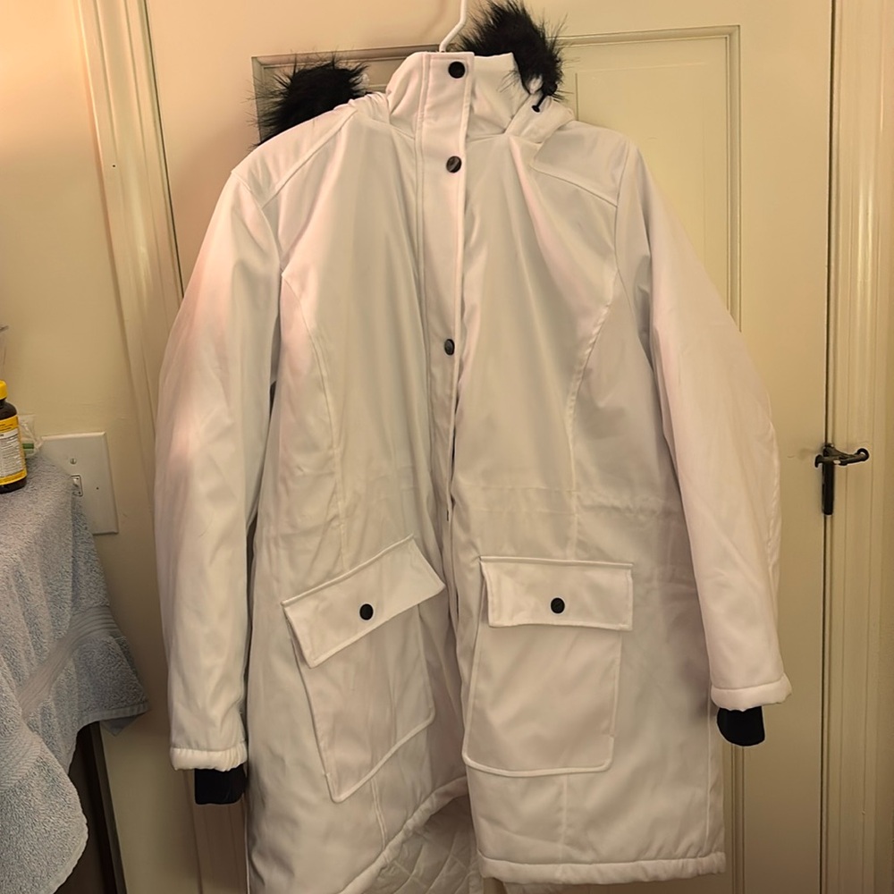 White winter coat with black trim